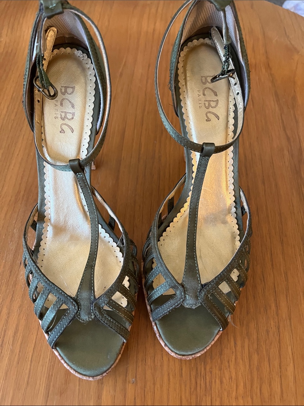BCBG Olive Green Satin Sandals with Cork Platform